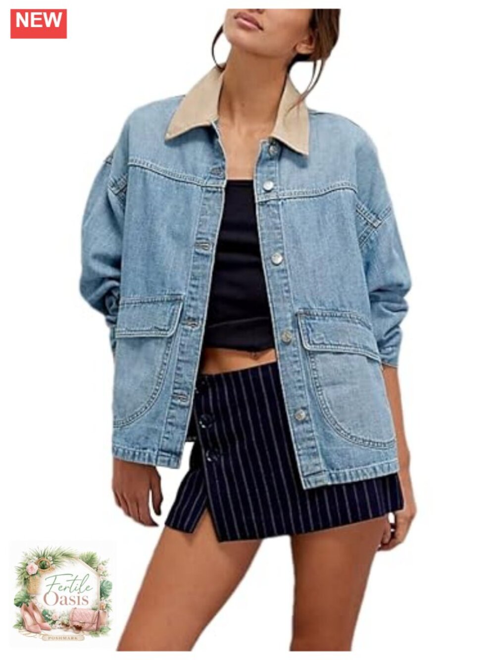 Oversized 100% Cotton Denim Jacket with Contrast Trim